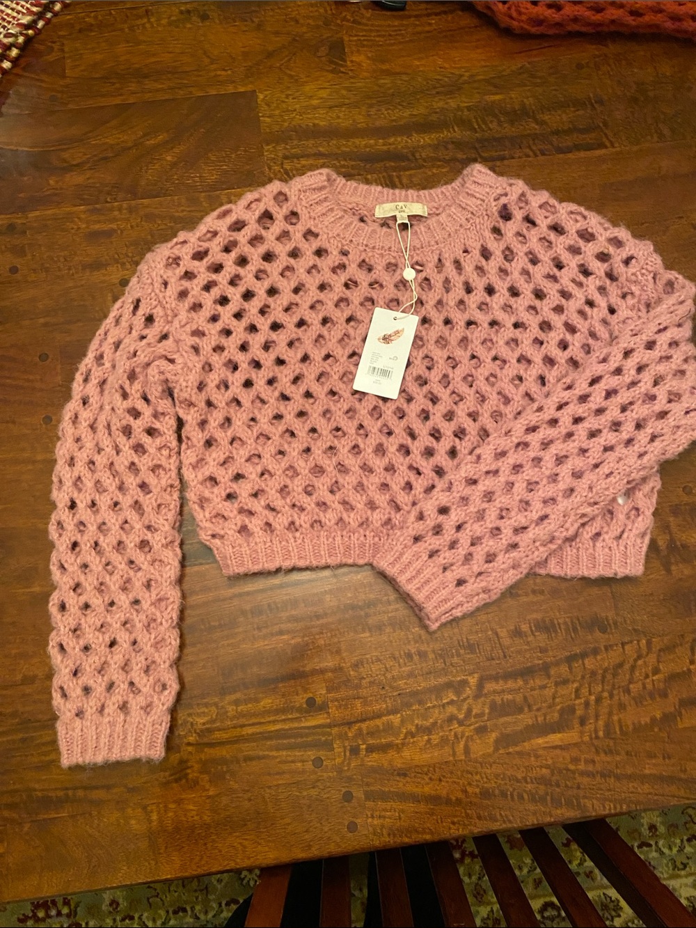 Girl’s Pink Open-Knit Cropped Sweater